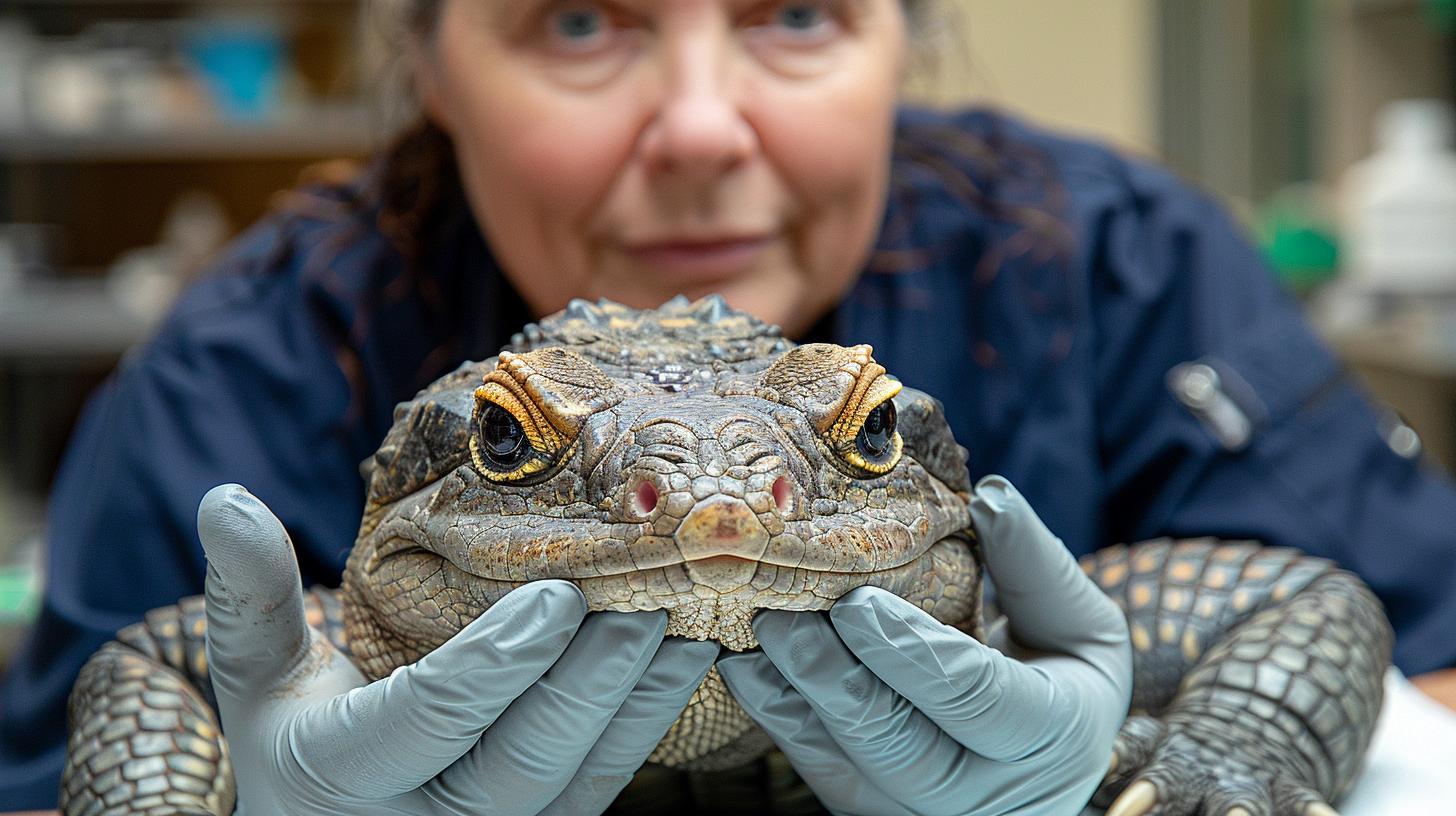 Close-up of a reptile during its health screenings at the vet's office