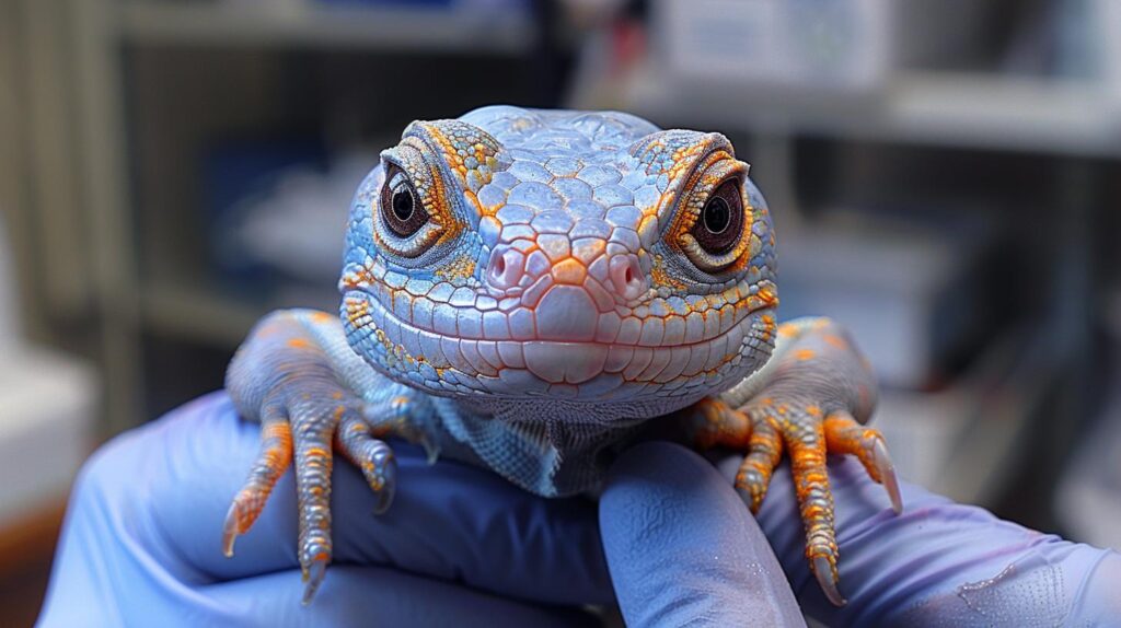 A cozy LIZARD VET VISITS scene with a happy reptile getting a check-up